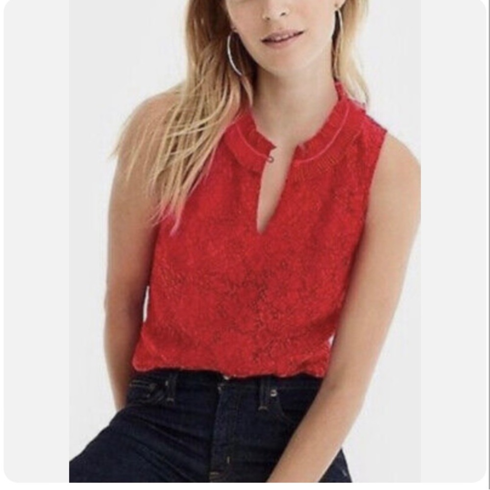 Red Lace Ruffle Neck Sleeveless Top, J.Crew